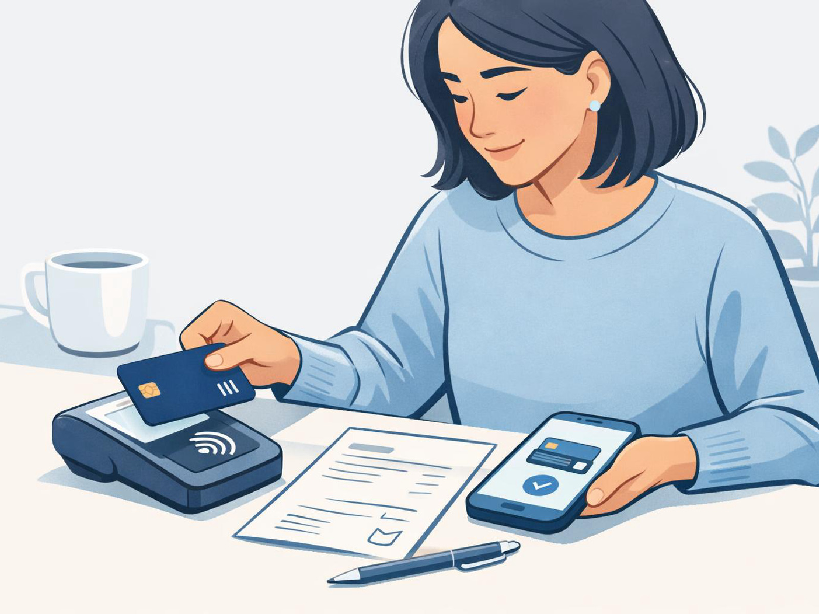 Editorial illustration of easy everyday credit card payments.