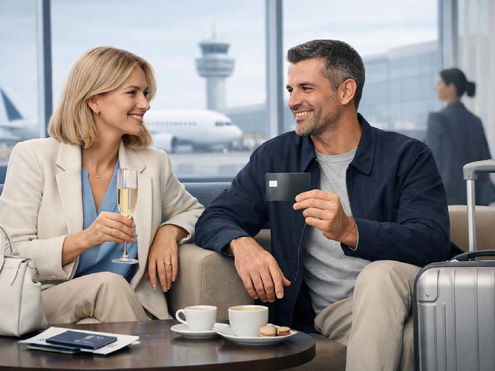 Editorial illustration of premium travel and lifestyle card benefits.