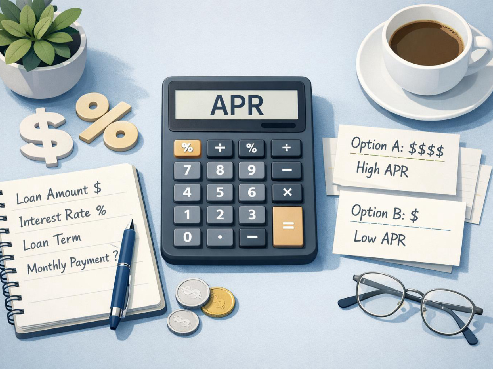 Editorial illustration of APR calculation and loan cost planning.