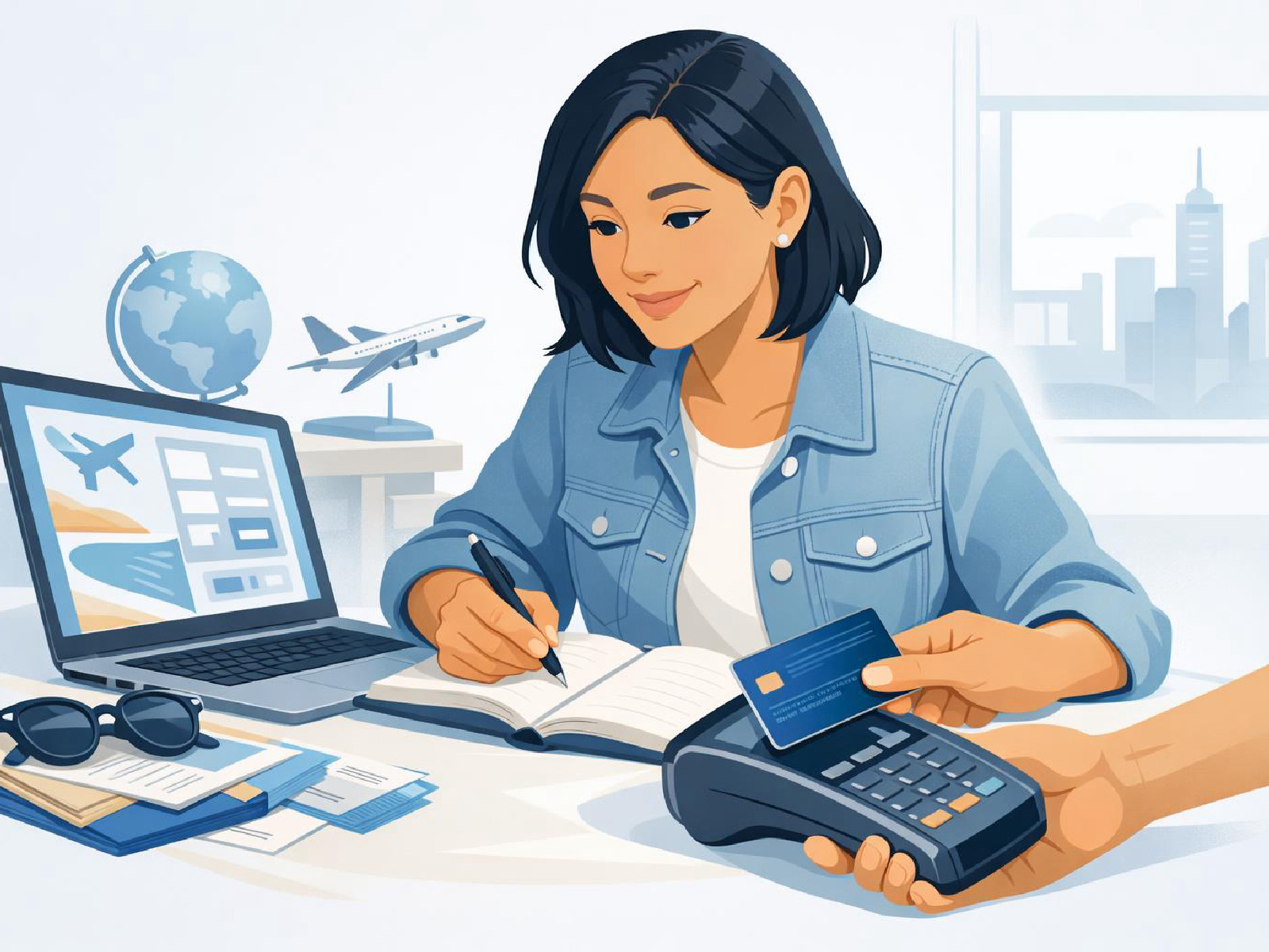 Kuvitus luottokortin arki- ja matkakäytöstä.