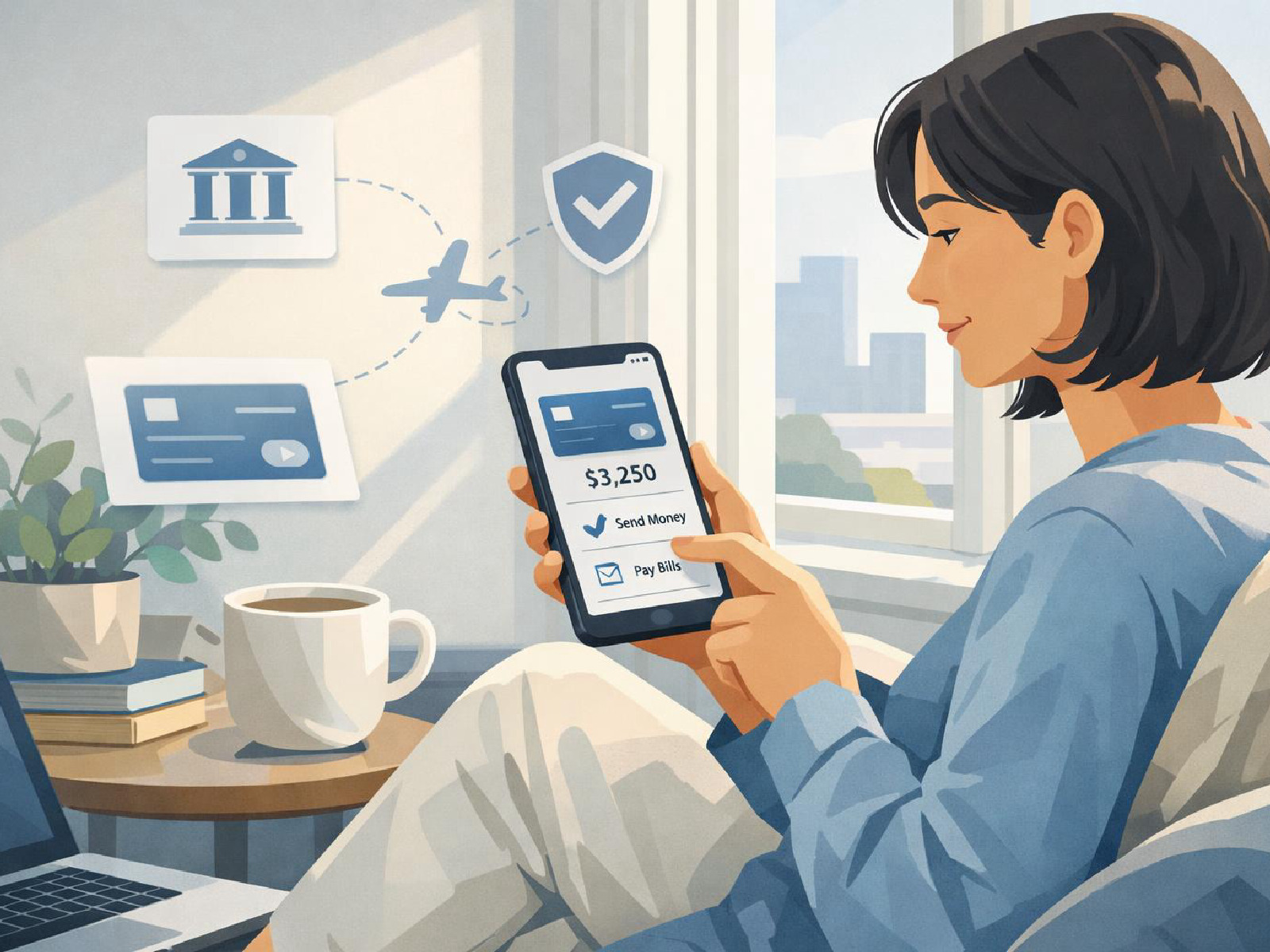Editorial illustration of a modern digital banking experience.