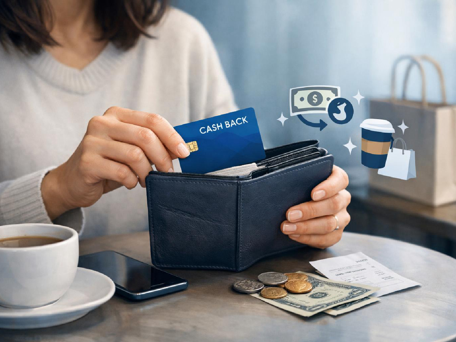 Kuvitus cashback-luottokorteista arkisessa maksamisessa.