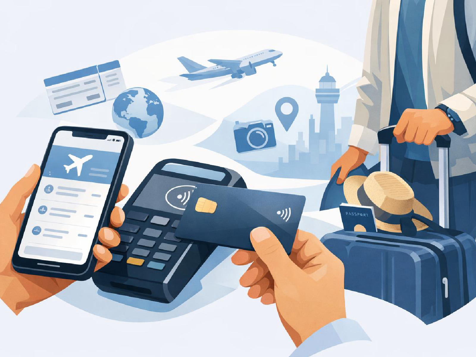 Editorial illustration of a modern travel payment card and app.