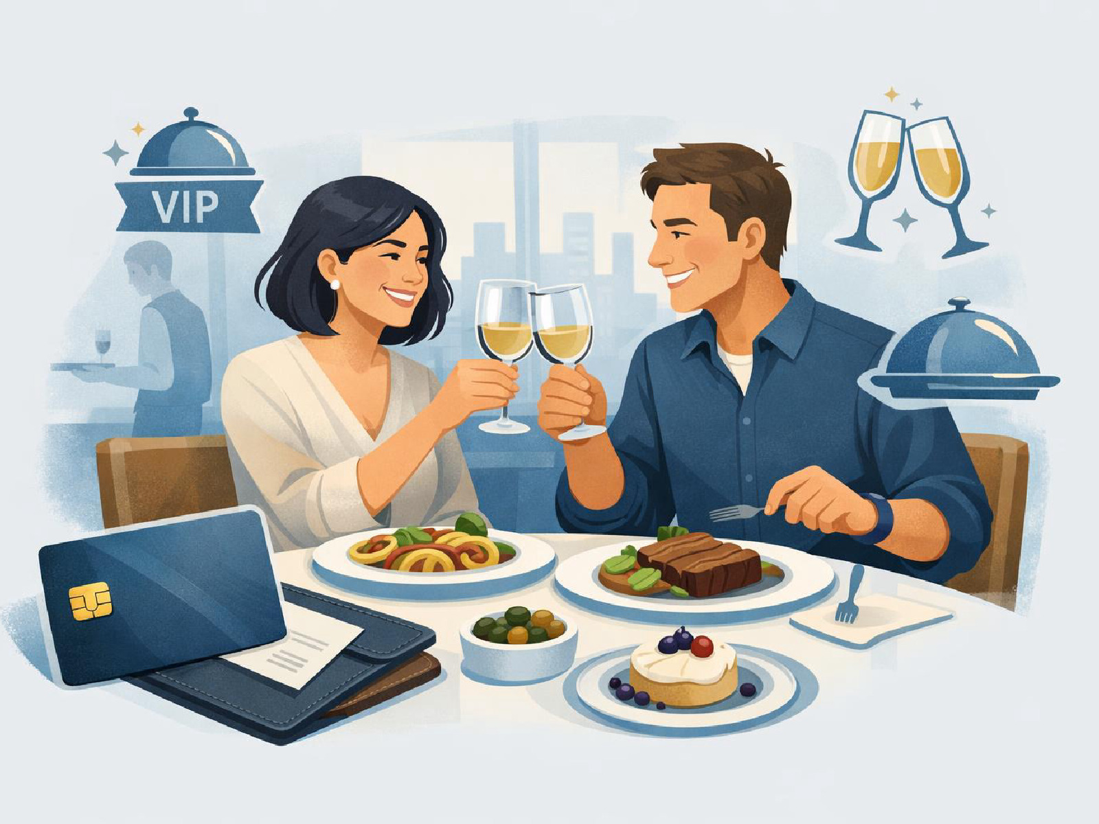 Editorial illustration of dining benefits linked to a premium card.