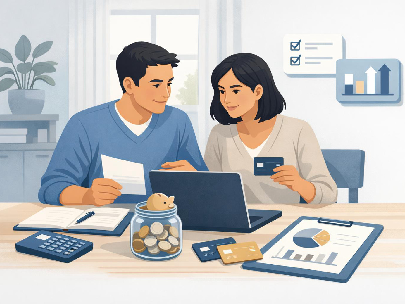 Editorial illustration of comparing payment cards and everyday finances.
