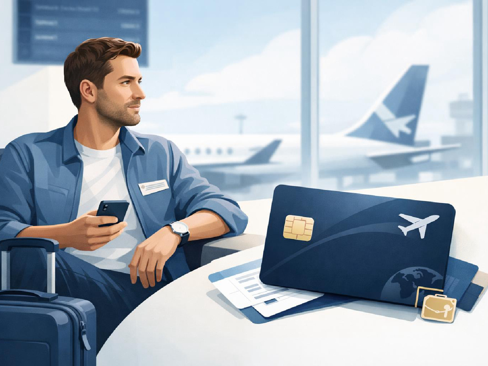 Kuvitus matkaluottokortista ja lentomatkailun eduista.