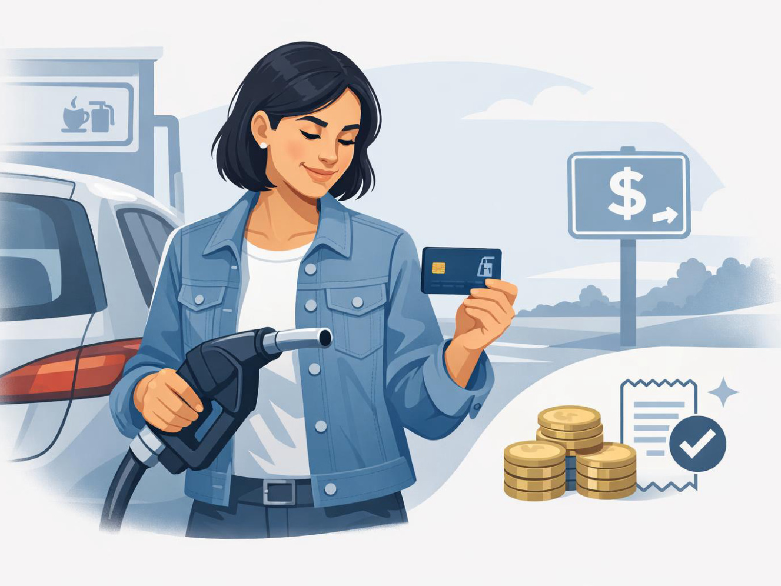 Kuvitus polttoainekorteista ja autoilun säästöistä arjessa.