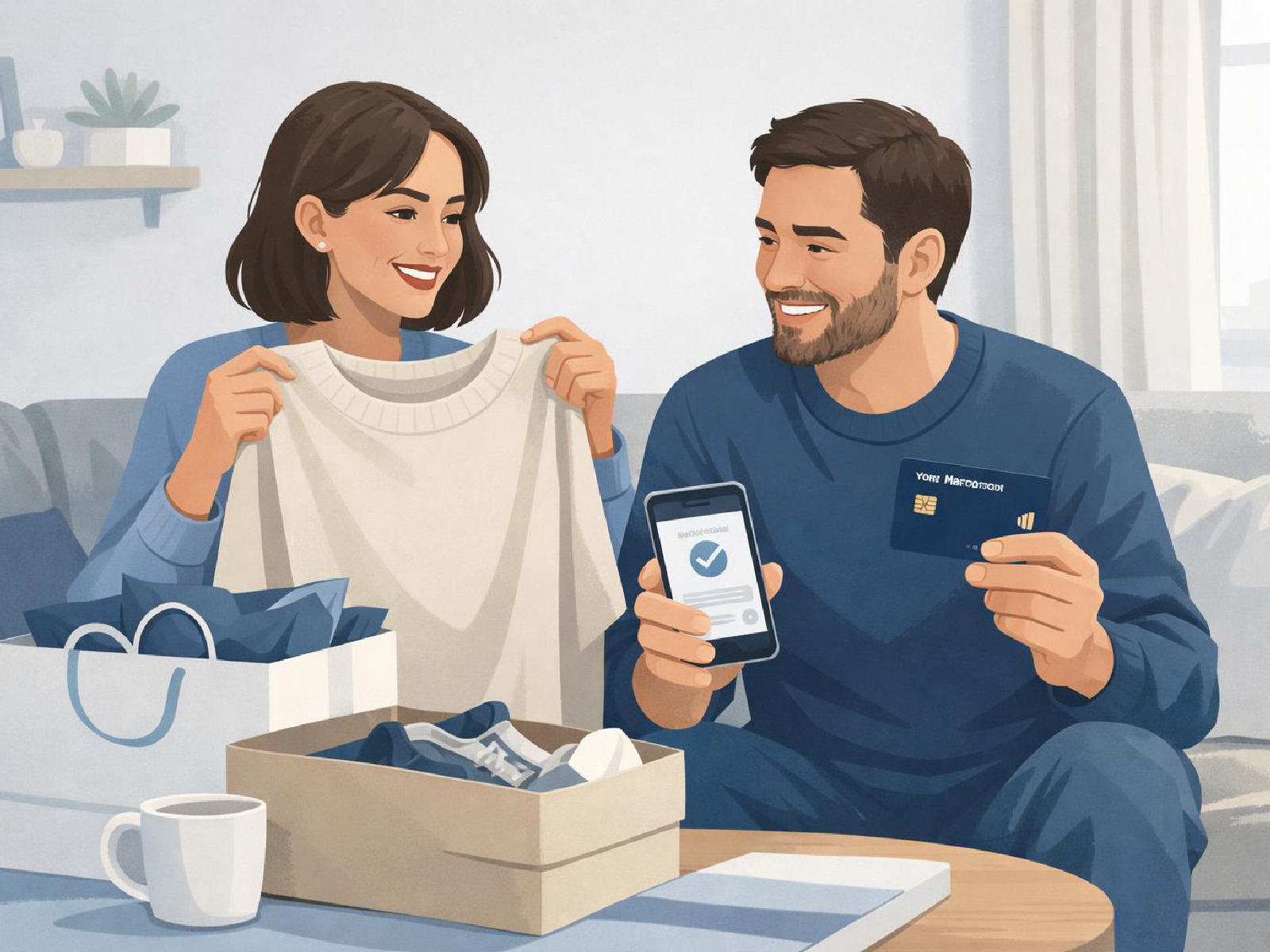Editorial illustration of everyday benefits and flexible use for the Morrow Bank credit card.
