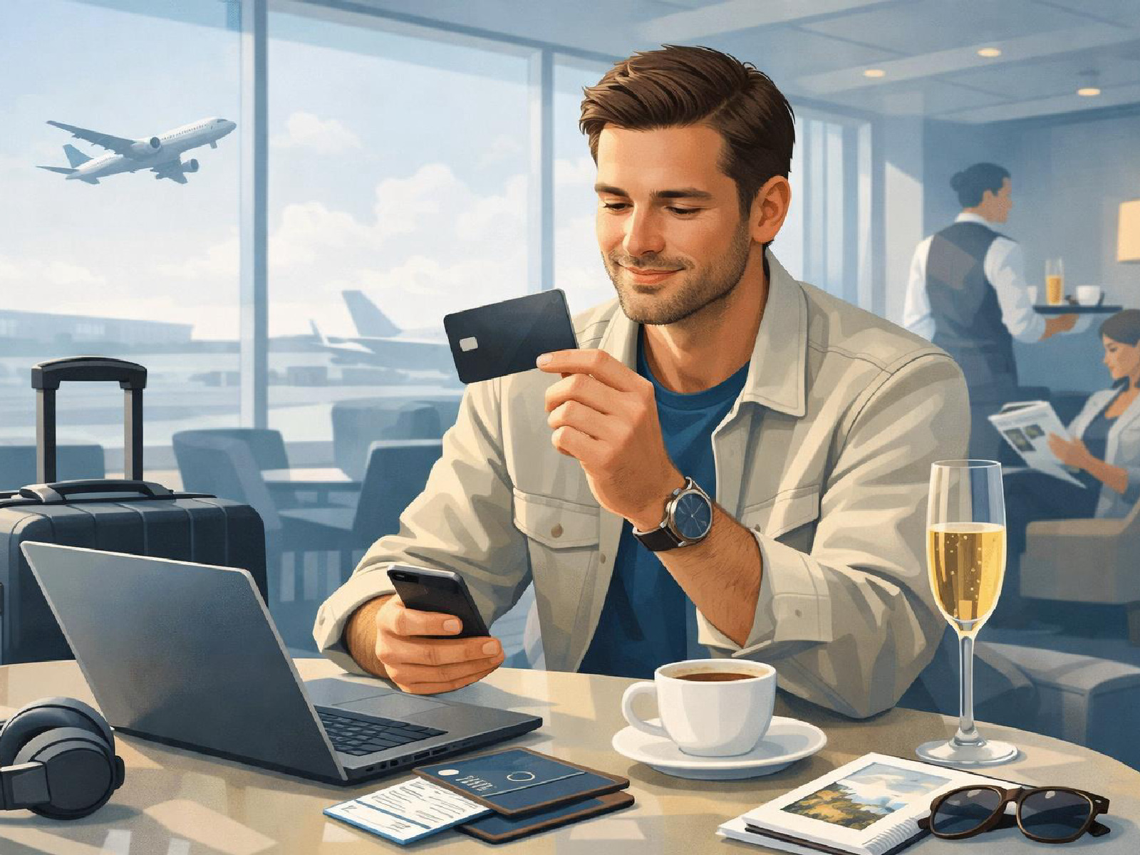 Editorial illustration of a premium travel-oriented payment card in use.