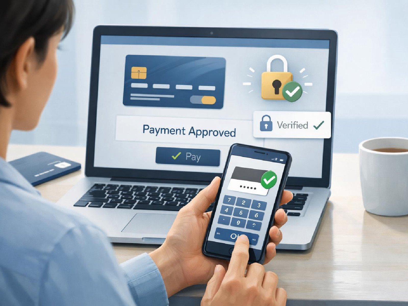 Editorial illustration of secure online payment and strong authentication.