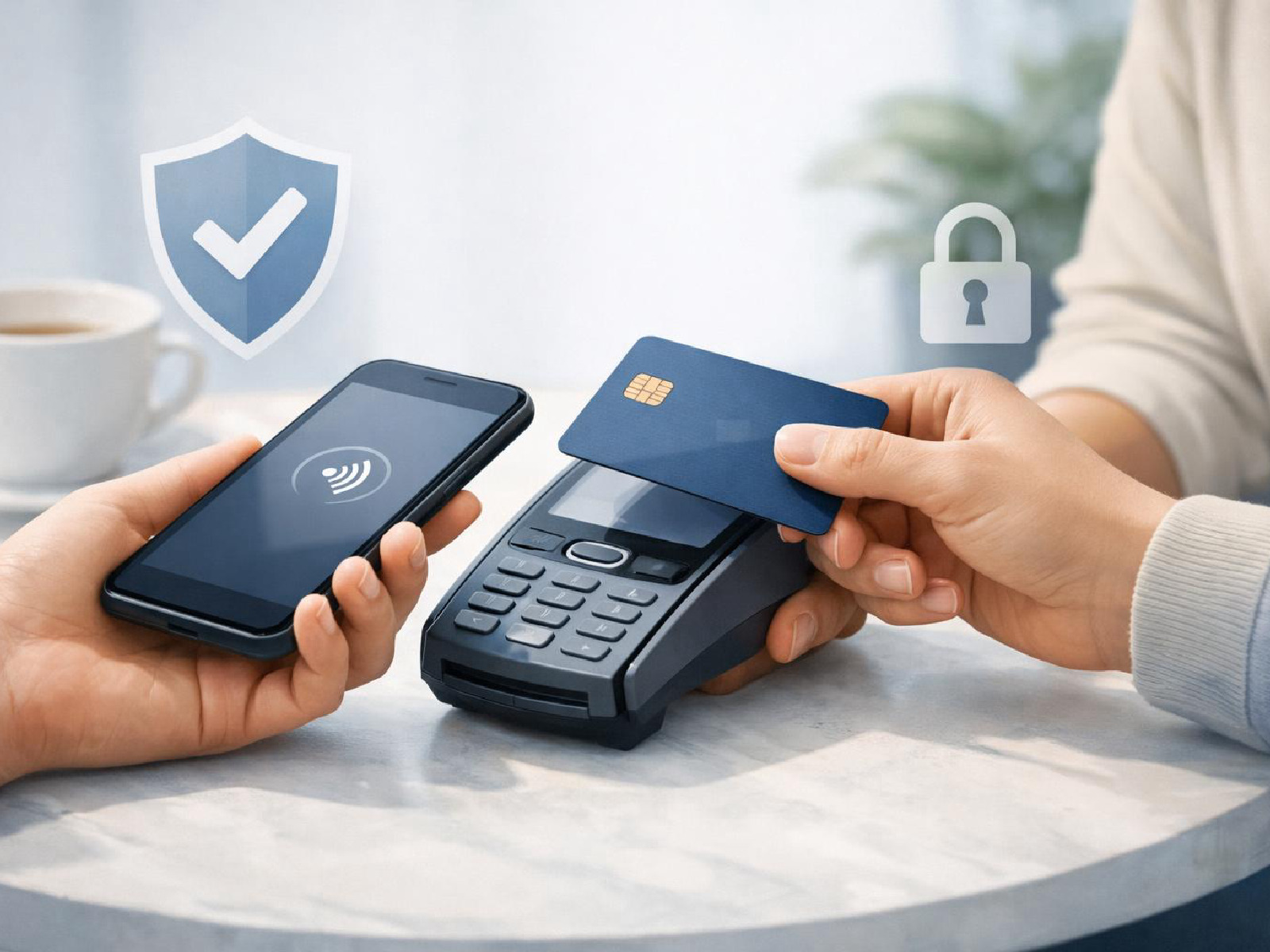 Kuvitus turvallisesta maksukortin käytöstä ja tietoturvatavoista.