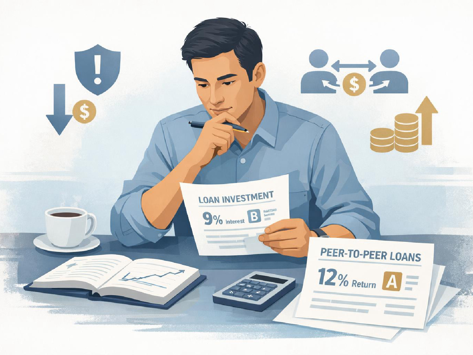 Editorial illustration of reviewing risks and returns in peer-to-peer investing.