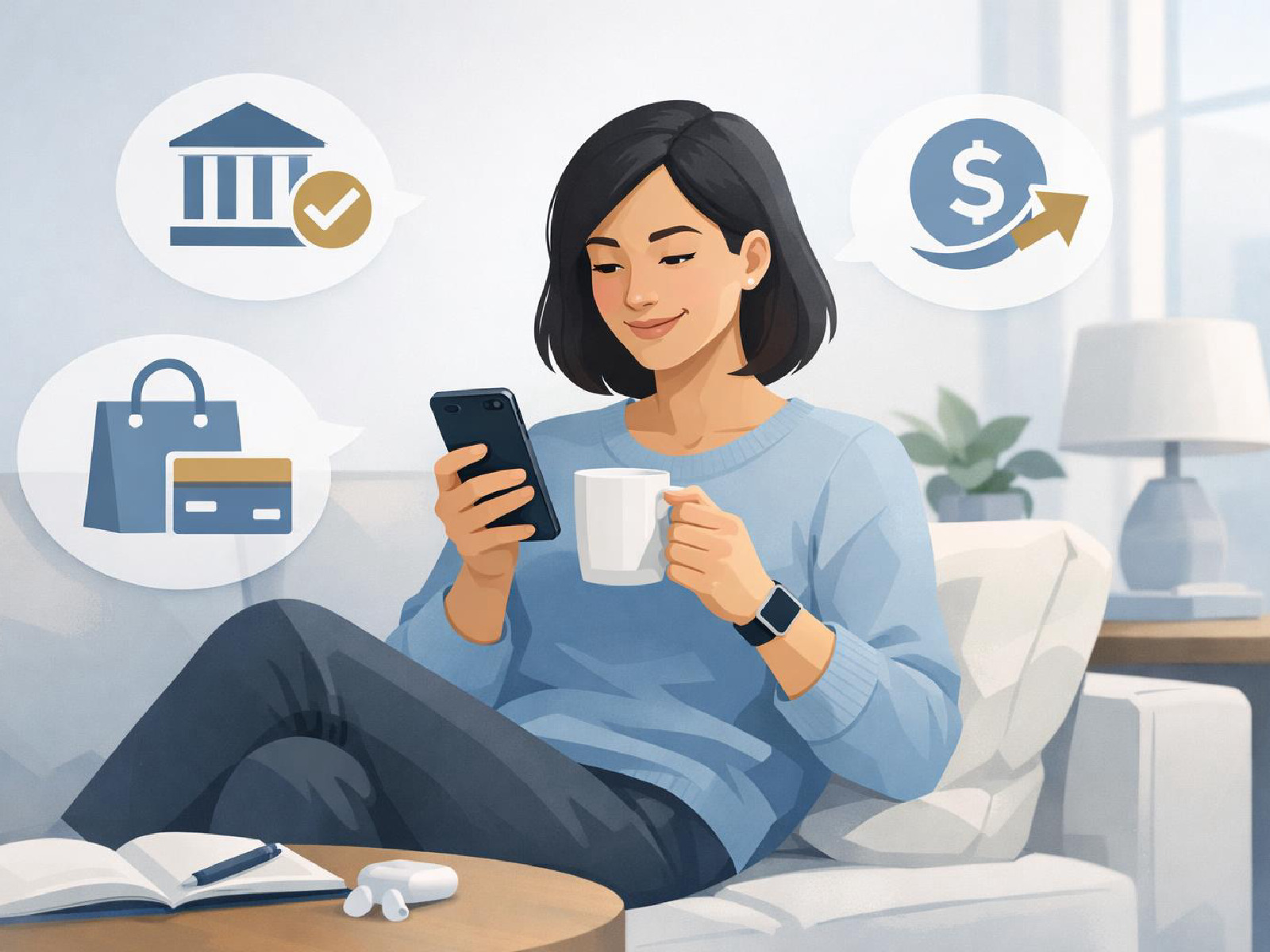 Editorial illustration of useful mobile banking perks in everyday life.