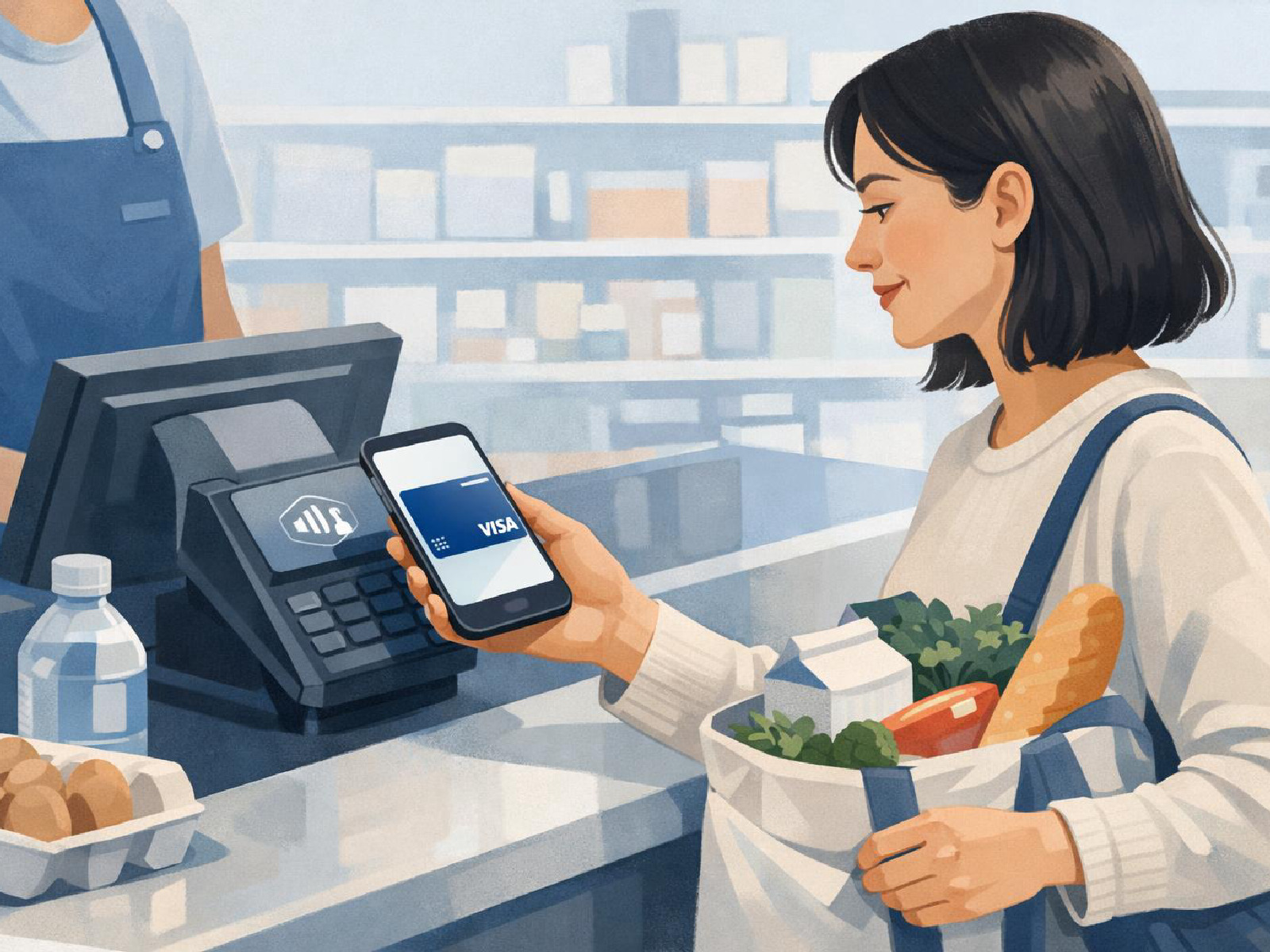 Editorial illustration of an everyday Visa card used for daily shopping.