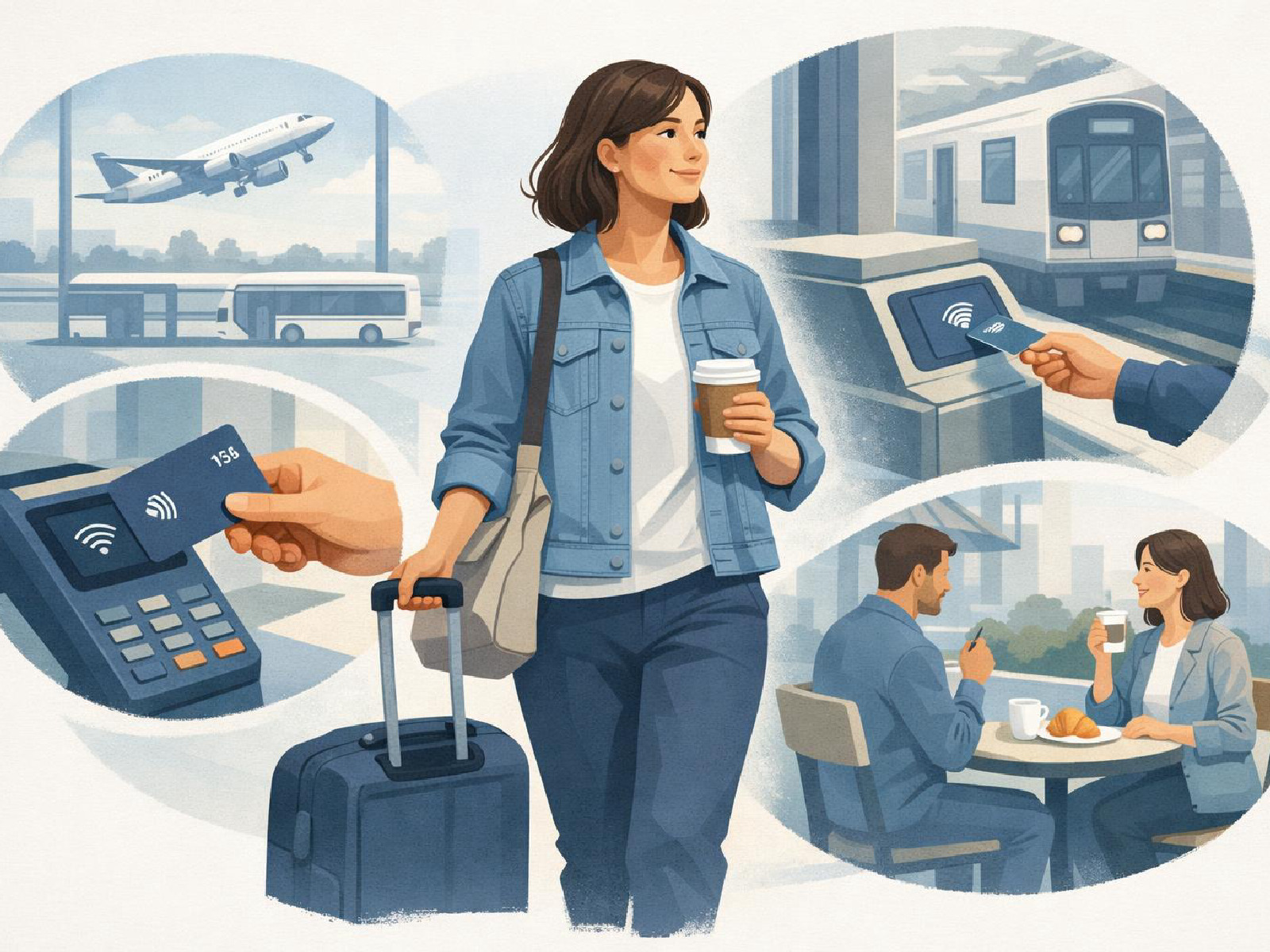 Editorial illustration of a practical Visa card benefit in everyday movement and travel.