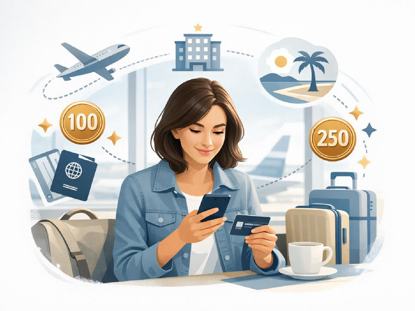 Editorial illustration of earning travel points from everyday card purchases.