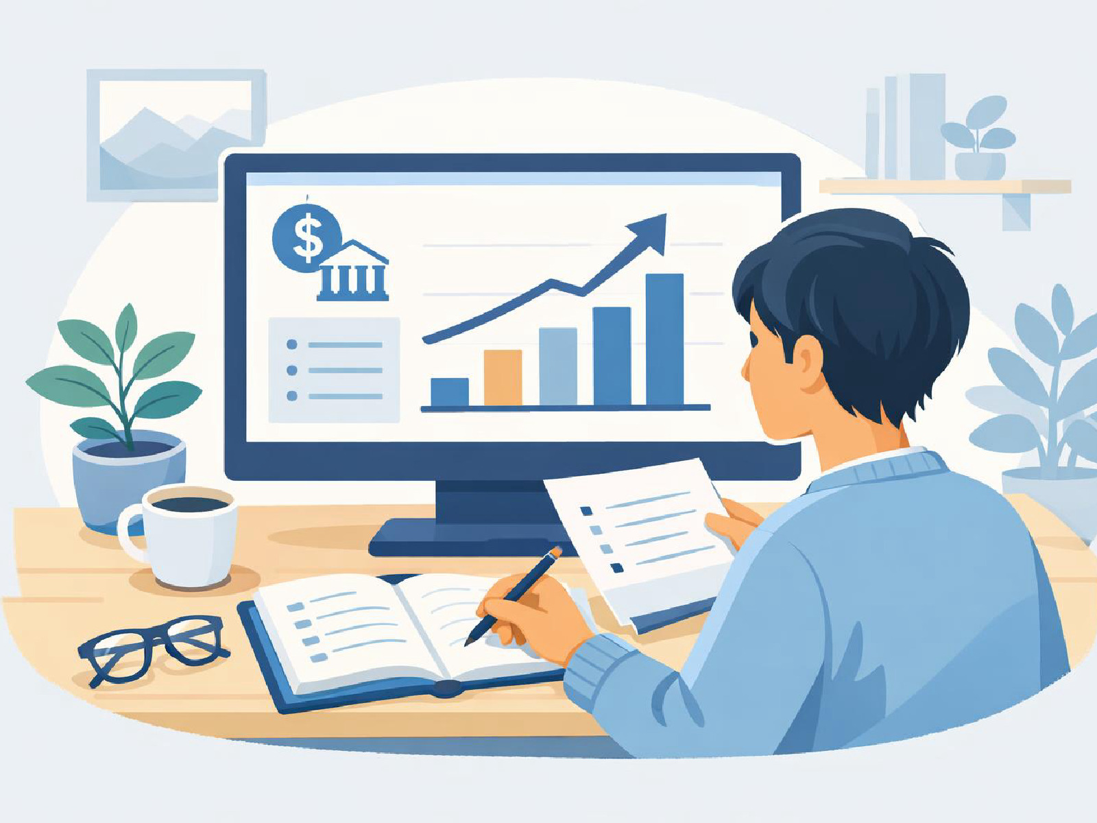 Editorial illustration of learning the basics of stock investing.