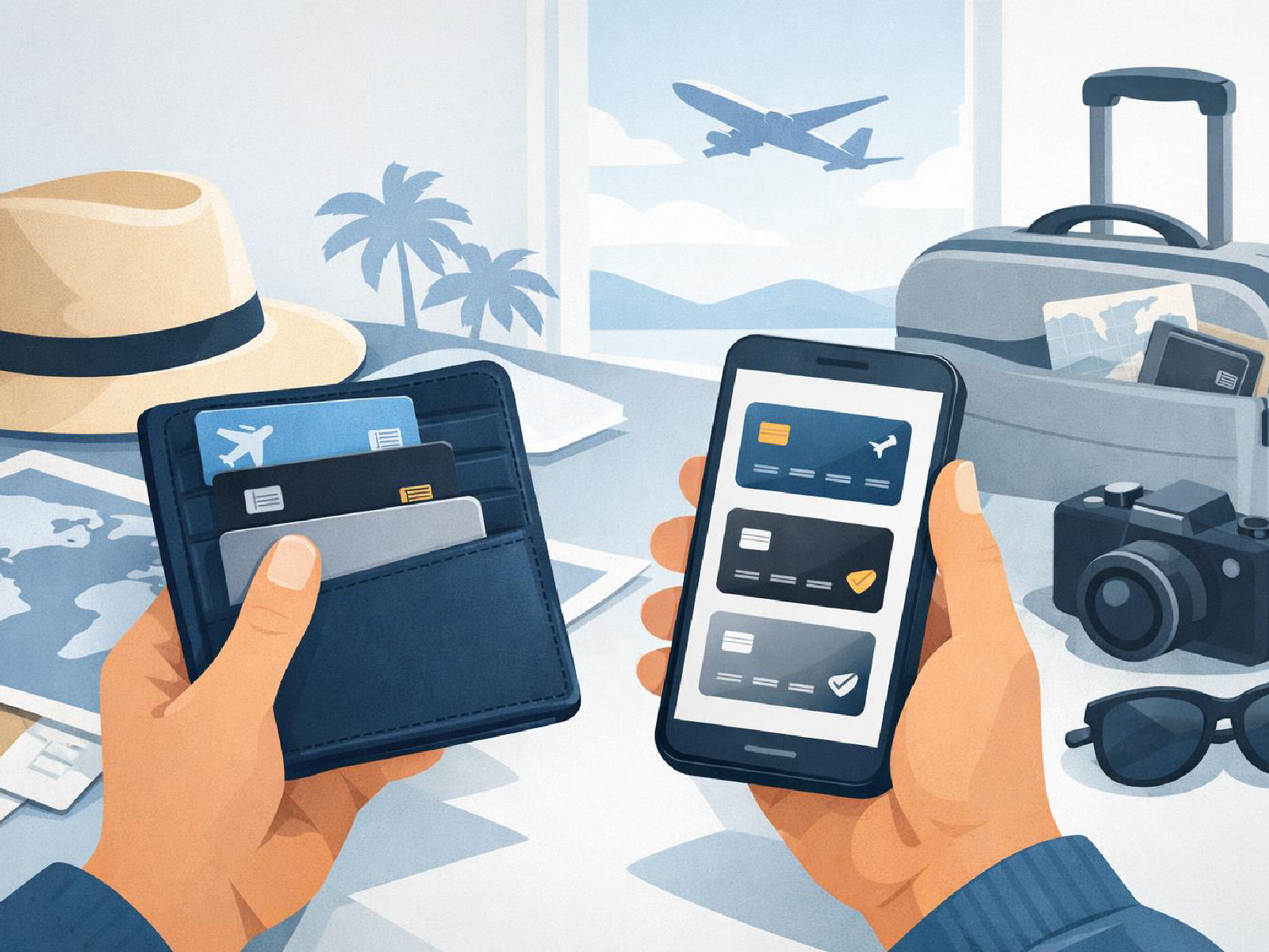 Editorial illustration of choosing the best travel credit cards.