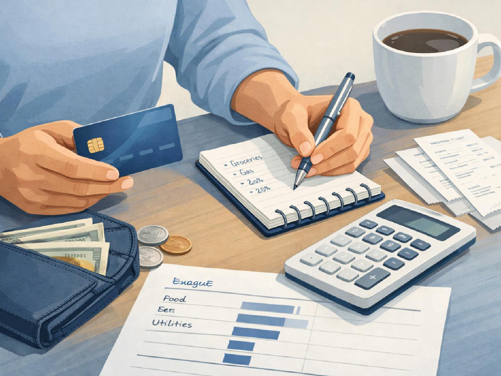 Kuvitus arkisesta luottokortista ja henkilökohtaisesta taloudenhallinnasta.