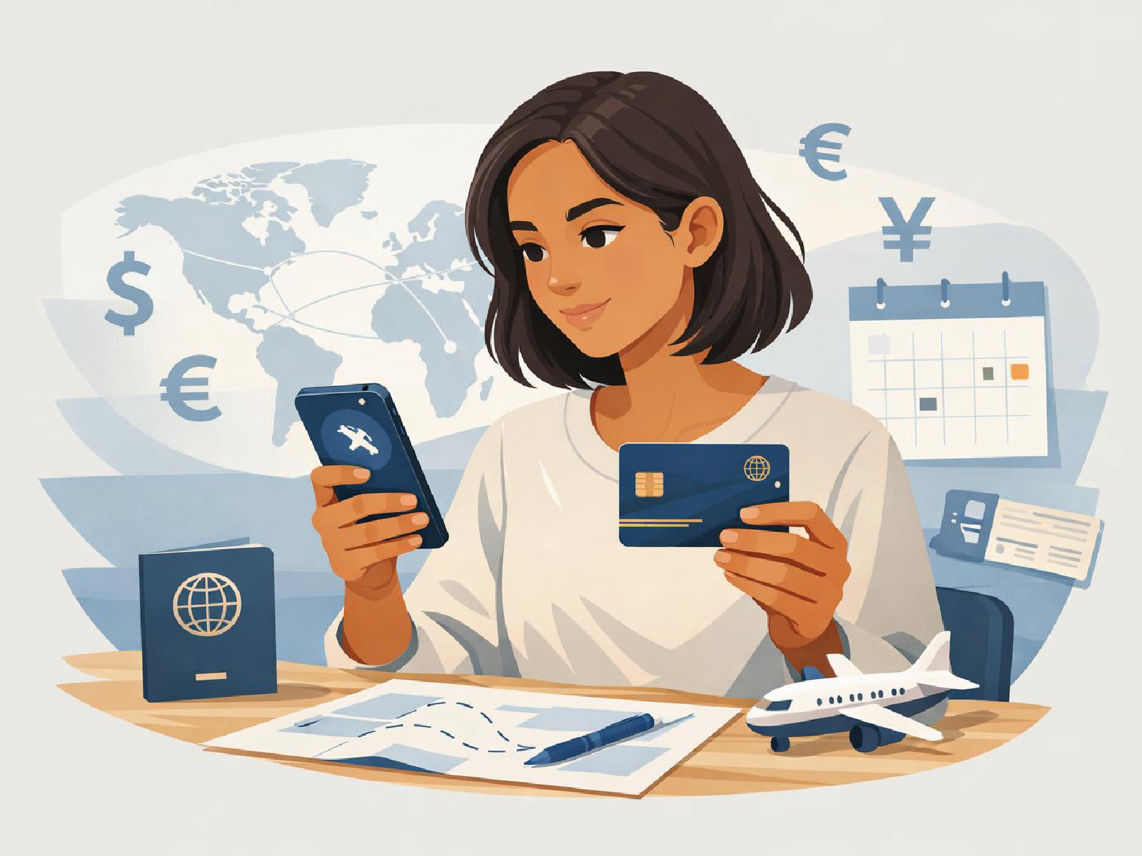 Editorial illustration of international payments and global money use.