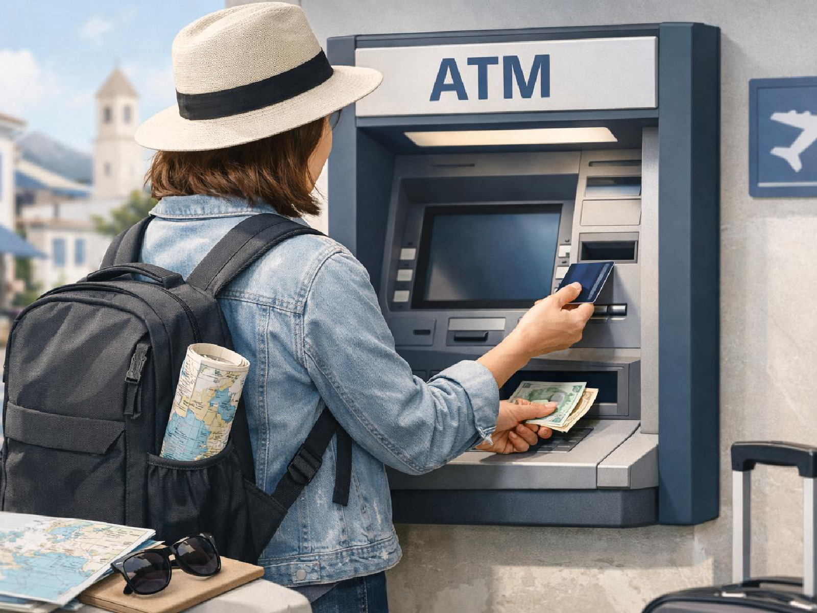 Kuvitus k&auml;teisnostosta automaatilta ulkomaanmatkalla.