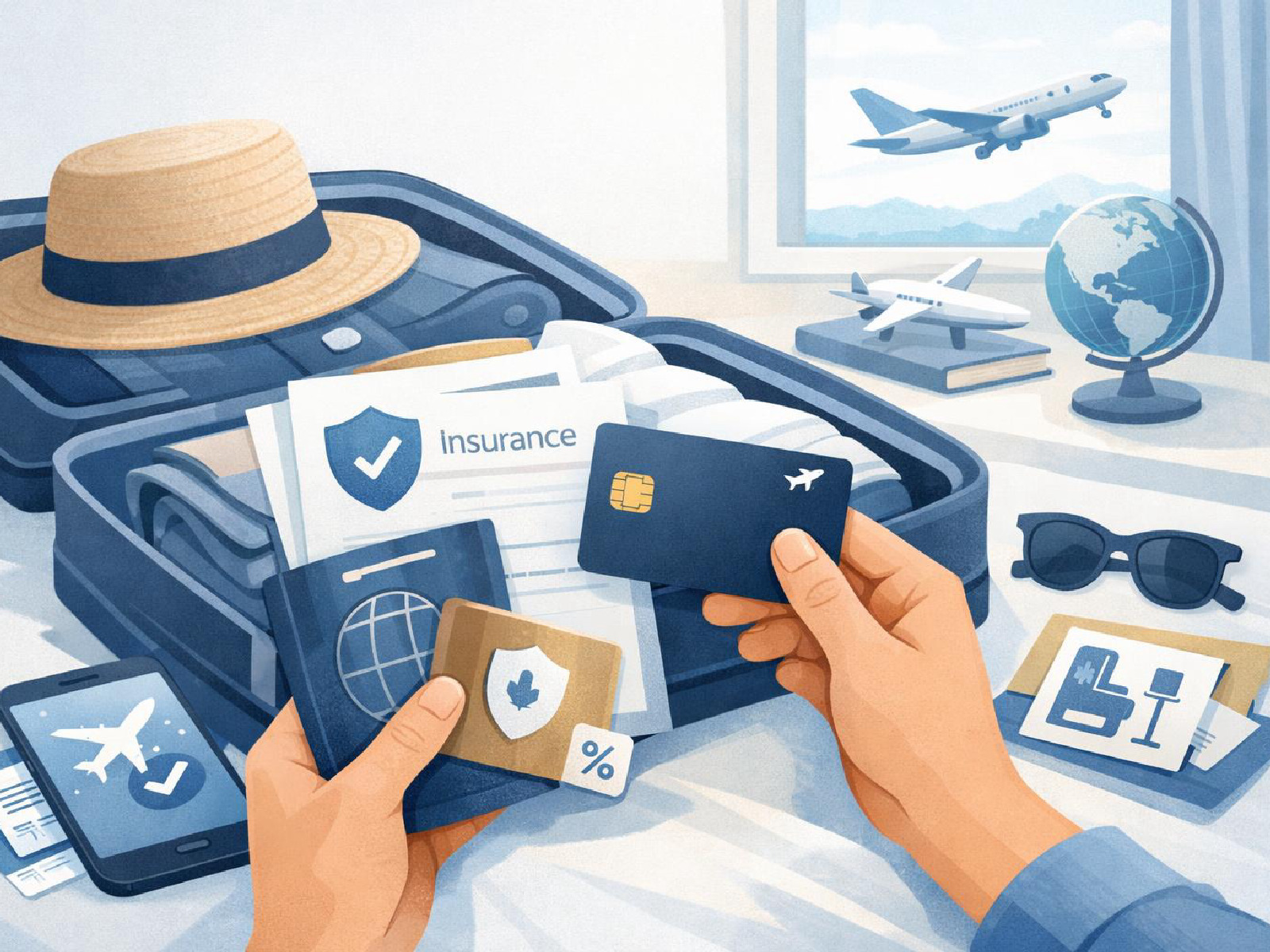 Kuvitus matkailijalle suunnatusta maksukortista ja sen eduista.