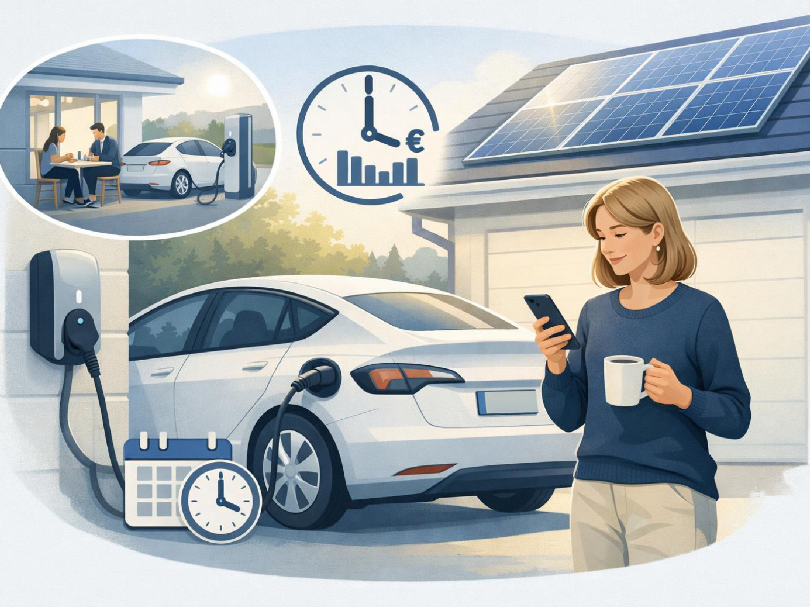 Kuvitus sähköauton kotilatauksen ja matkalatauksen kulujen optimoinnista.