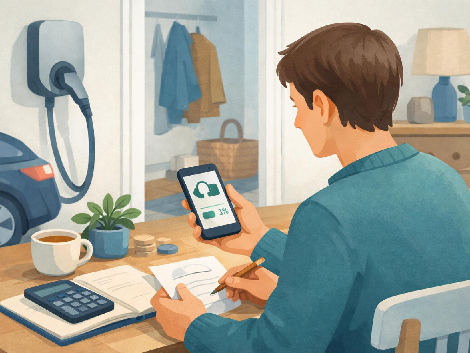 Kuvitus arjen menojen seuraamisesta ja käytännön säästöpäätöksistä.