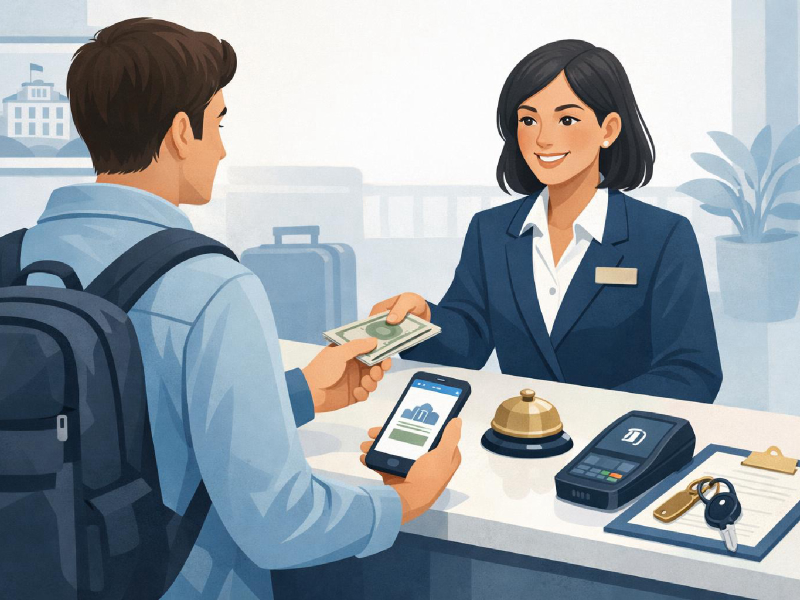 Kuvitus hotelliin kirjautumisesta ilman luottokorttia.