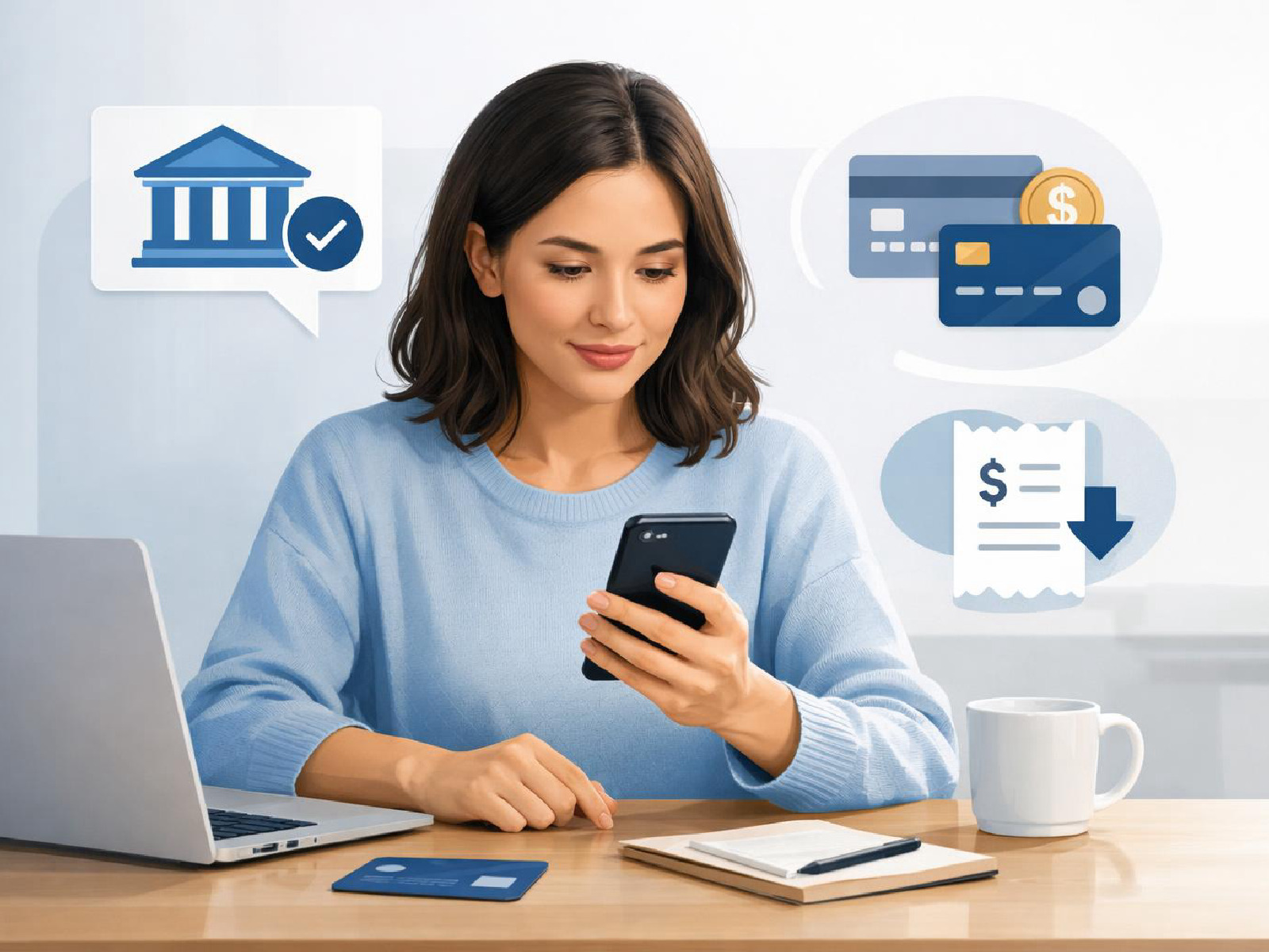 Kuvitus digitaalisen pankin moderneista tilivaihtoehdoista.