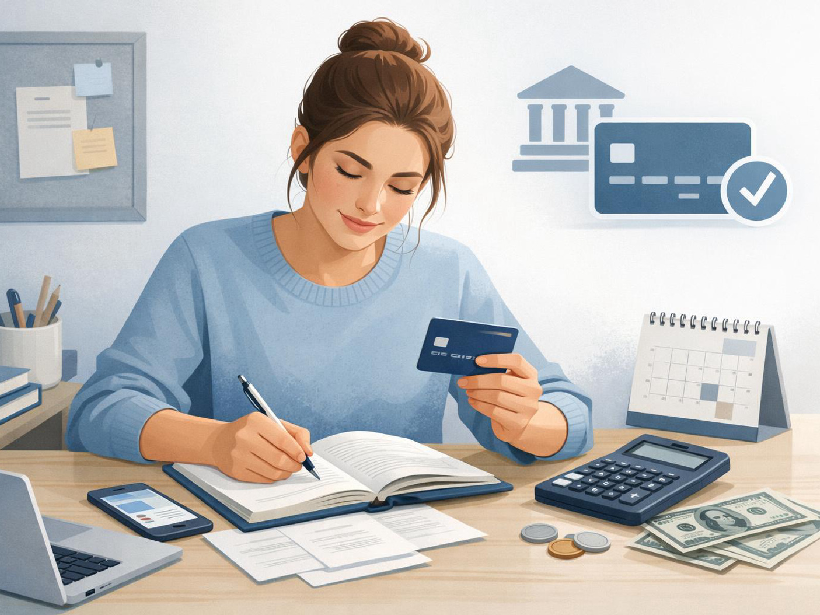 Kuvitus opiskelijalle sopivan luottokortin valinnasta.