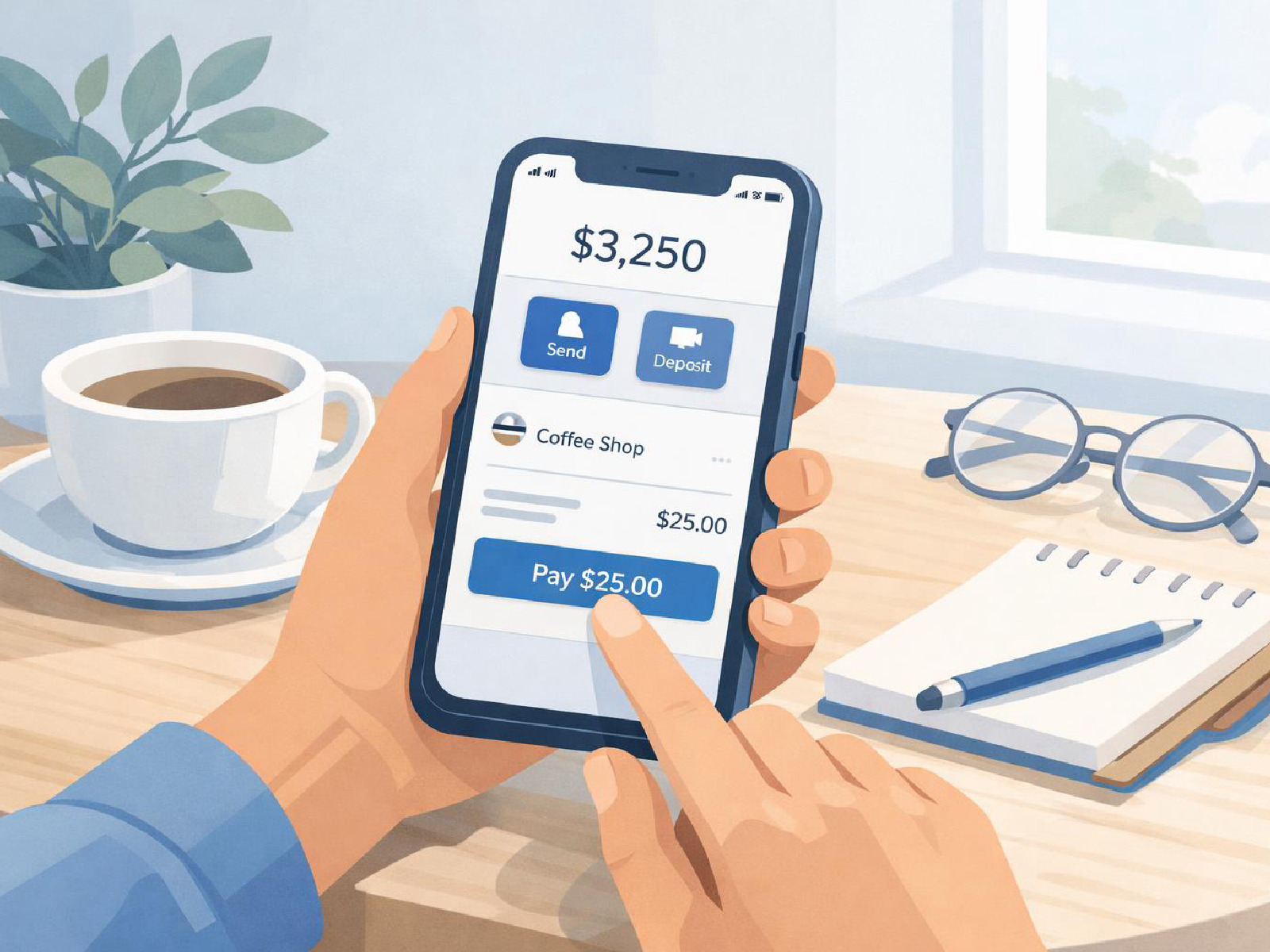 Kuvitus yksinkertaisesta mobiilipainotteisesta pankkipalvelusta.